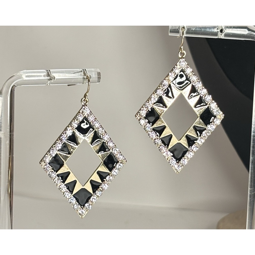 Vintage 1980s Glam Black Enamel Rhinestone Diamond Dangle Earrings Gold Tone